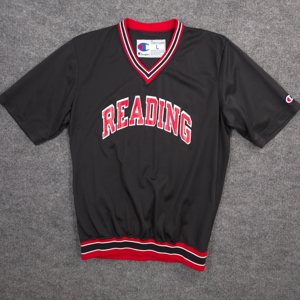Vintage Champion Warm Up Jersey Mens L Black Reading MA‎ Mesh V Neck Made In USA